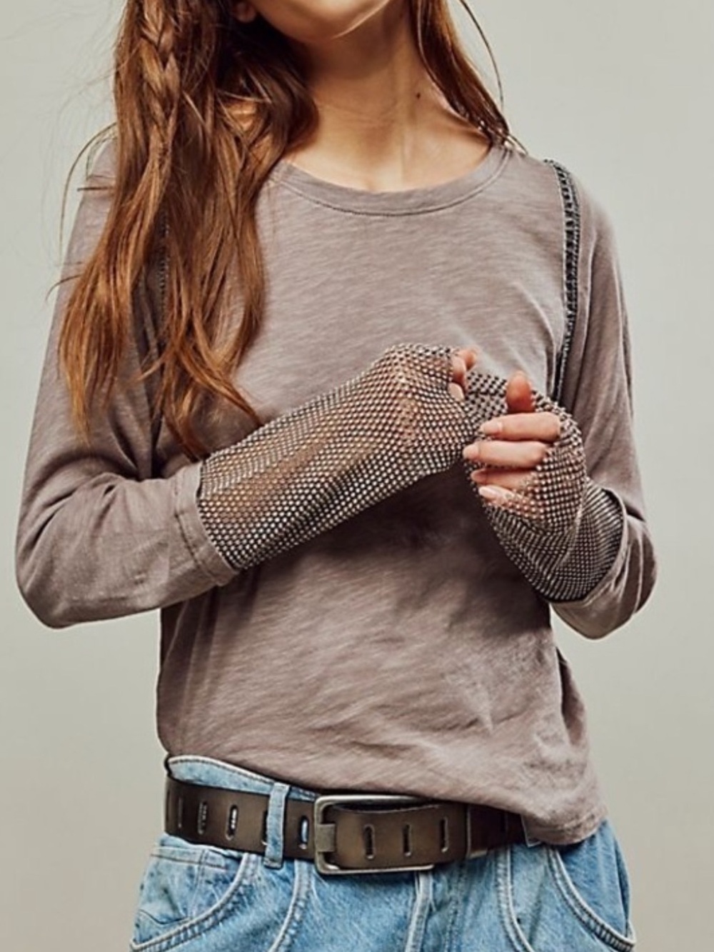 Free People Taupe Long Sleeve Top with Mesh Wrist Panels
